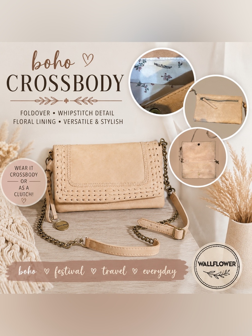 Boho Wallflower Foldover Crossbody Bag Cream Tan Whipstitch Festival Purse